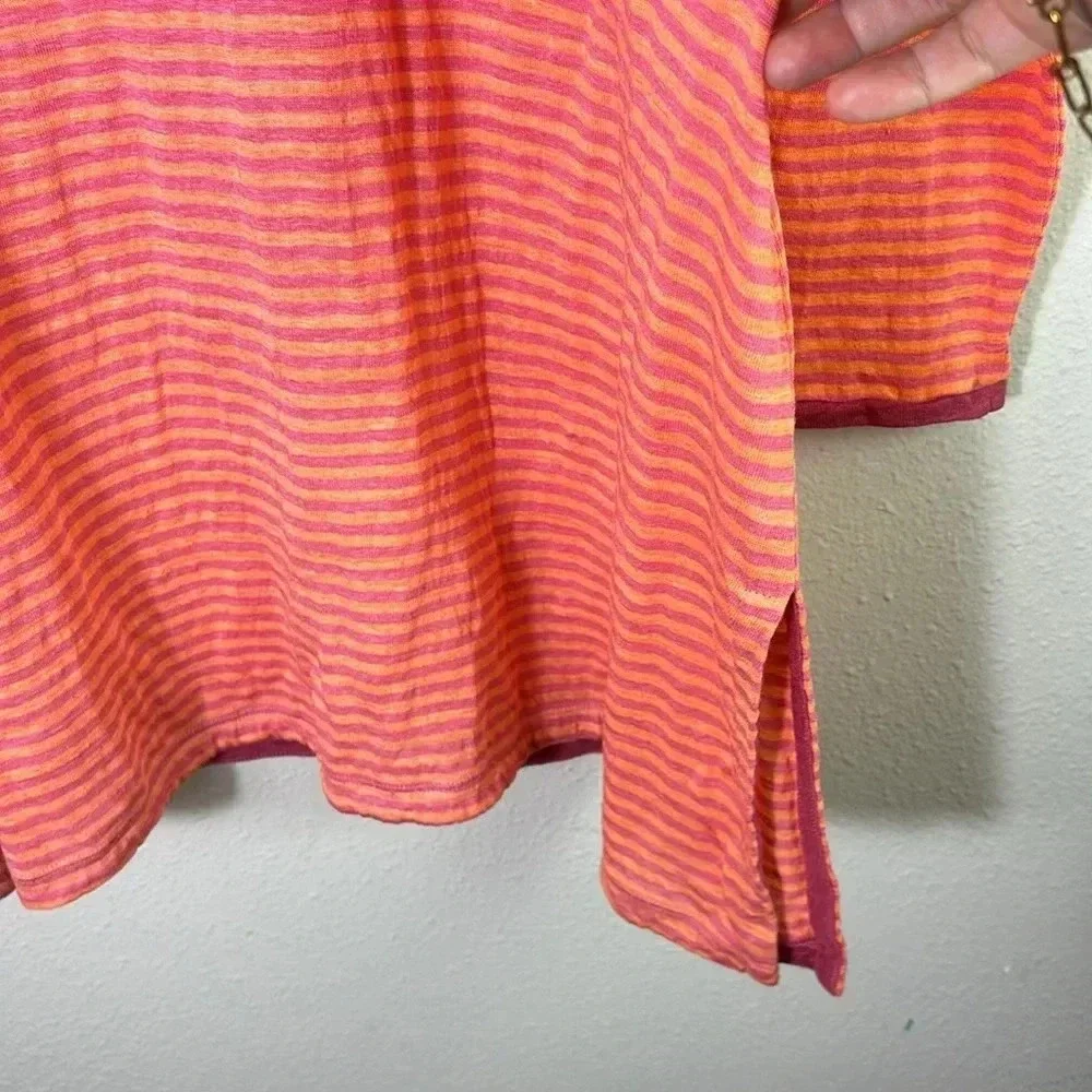 Eileen Fisher 100% Linen Jersey Stripe Tee orange pink Tunic Top size XL